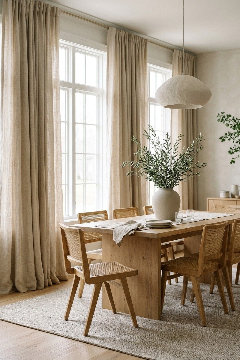 Floor-length linen curtains framing dining room windows