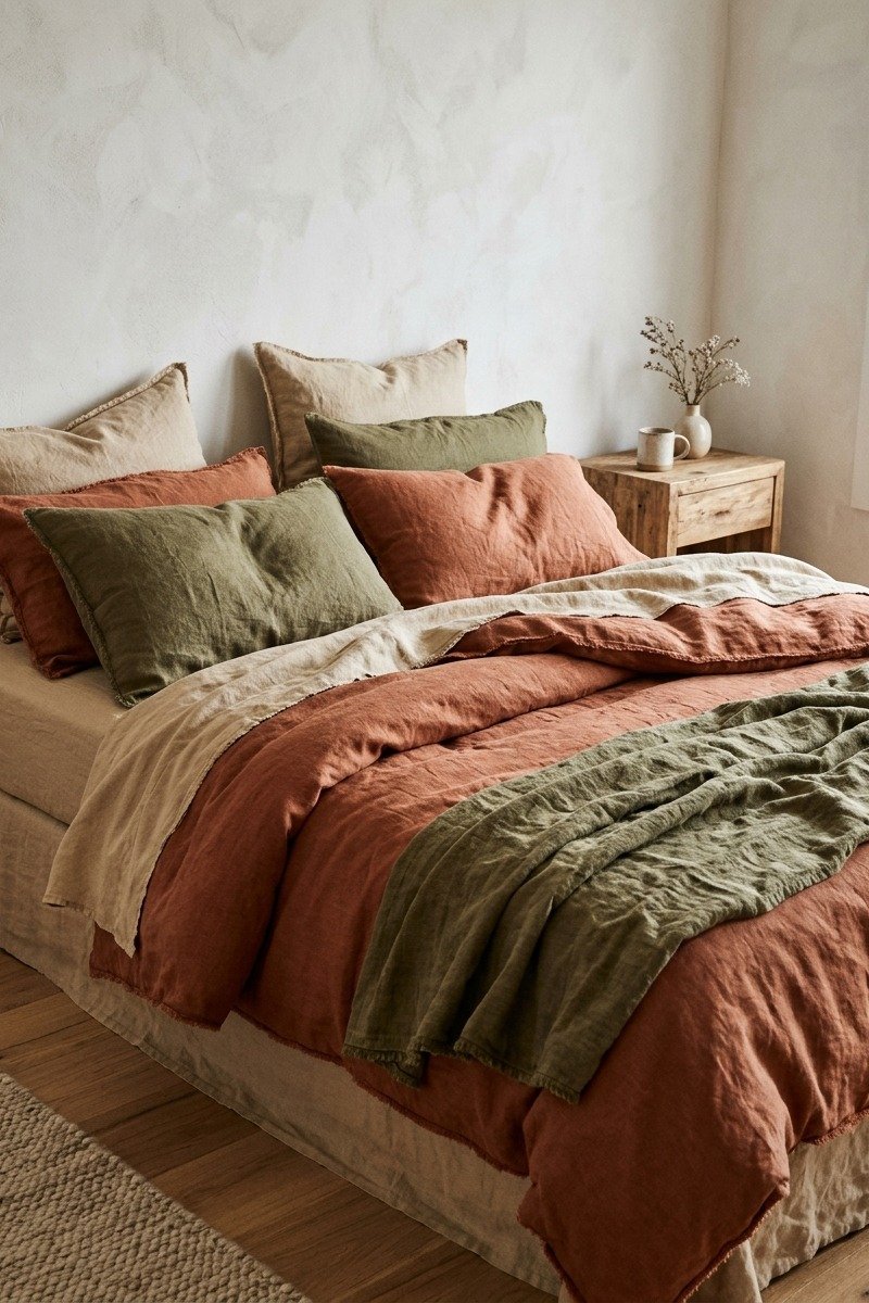 Rumpled linen bedding in earth tones