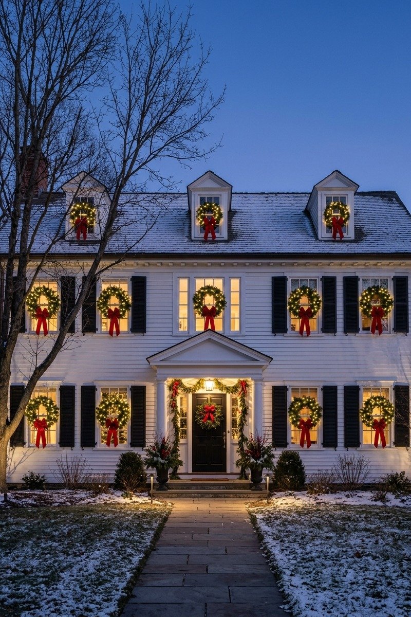 Lit wreaths hung in house windows