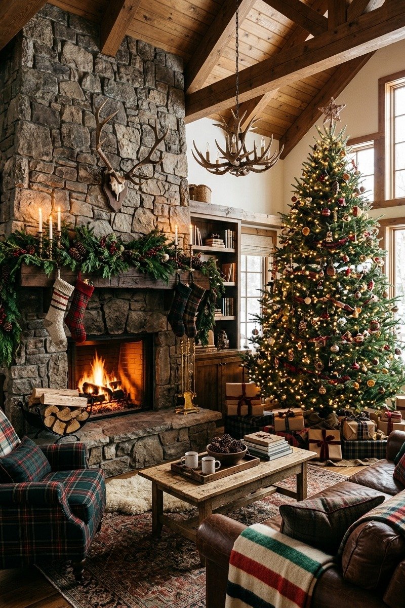 Lodge style living room with antlers and plaid