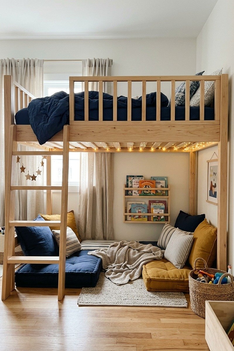 Loft bed with a cozy play den underneath in a boys room