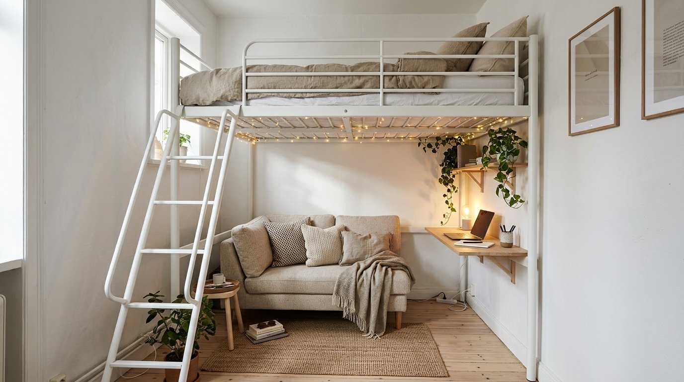 Adult loft bed with desk and seating underneath in a small bedroom