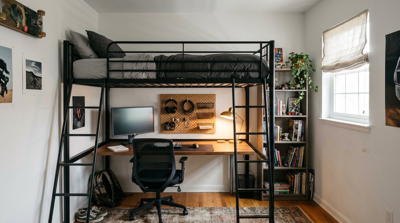 Loft bed with desk and gaming setup underneath in an older boys bedroom