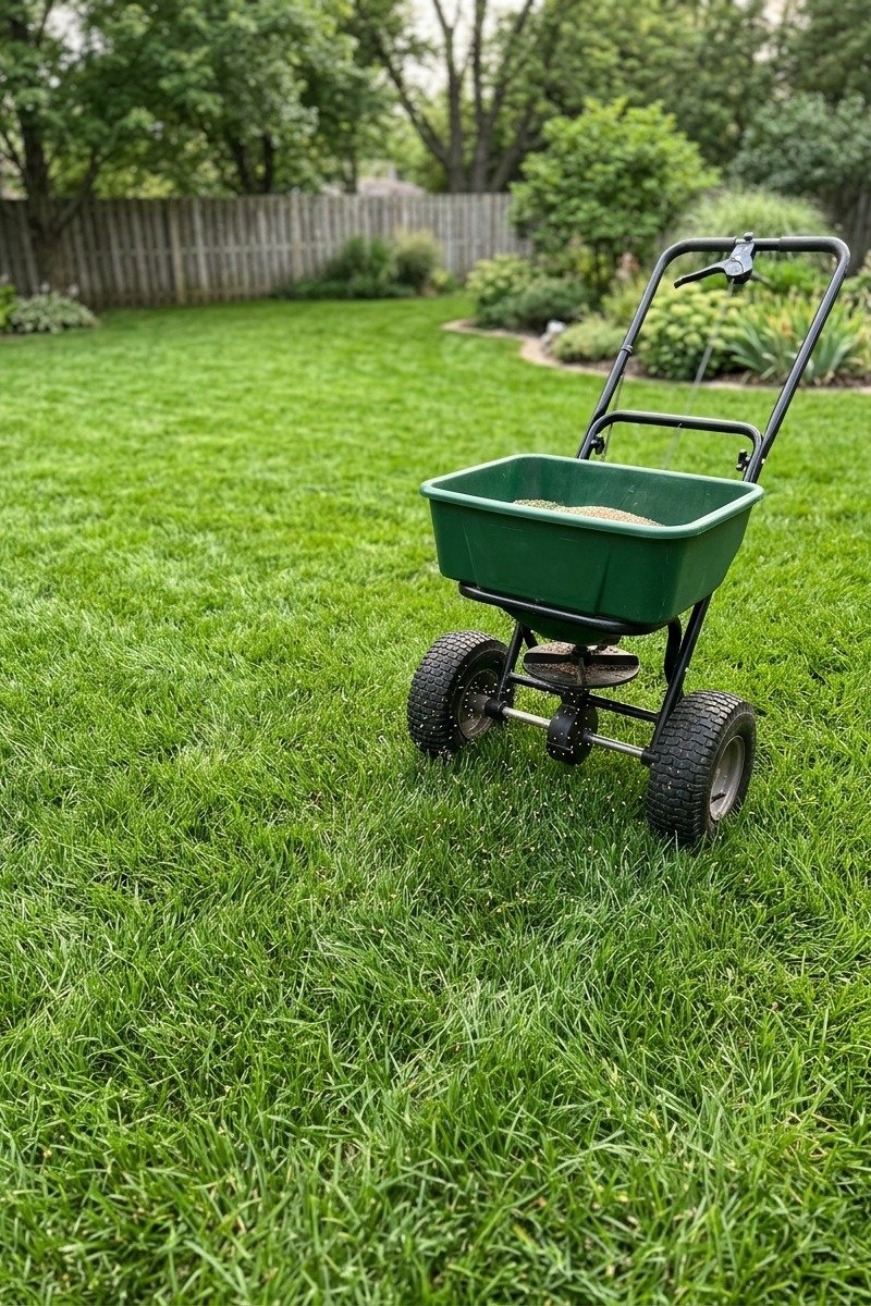 Lush green lawn after overseeding