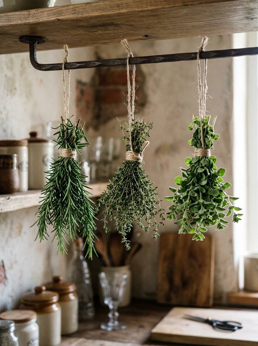 Herb bundles hanging upside down to dry