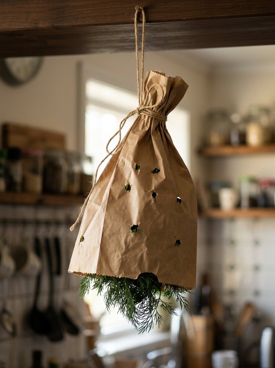 Herbs drying in a paper bag