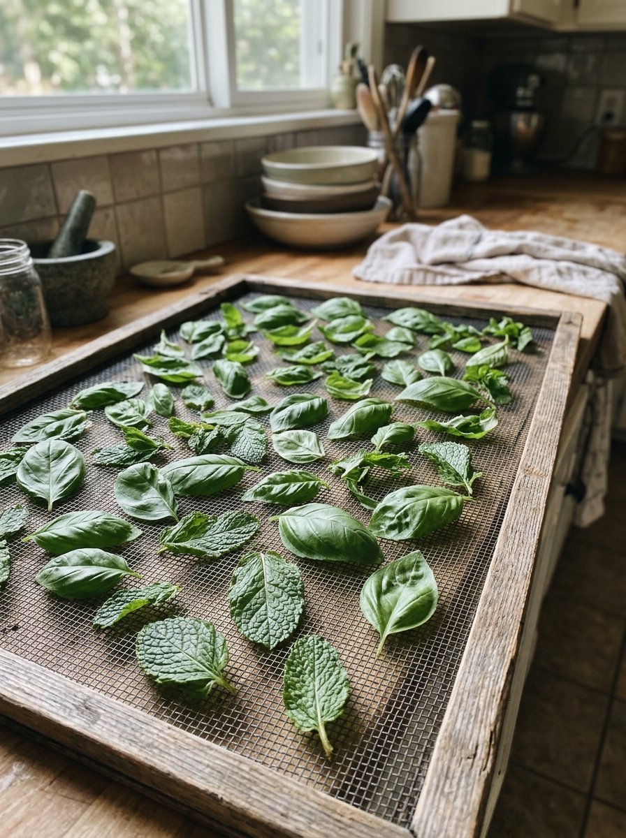 Herbs drying on a mesh rack
