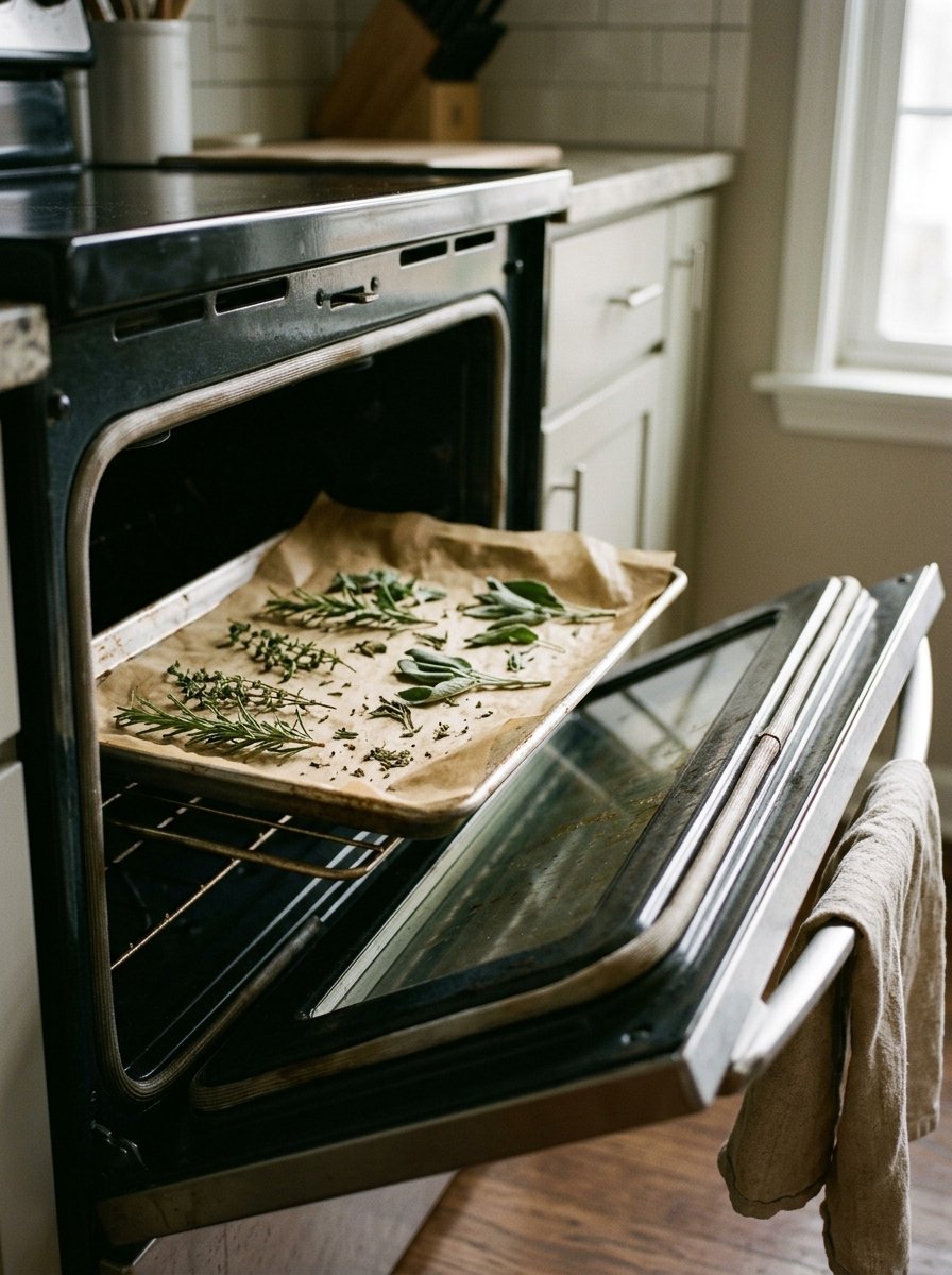 Herbs drying on a baking sheet in the oven