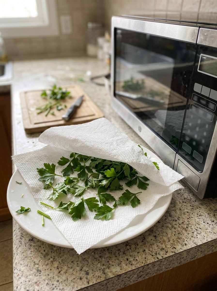 Herbs on paper towels for microwave drying