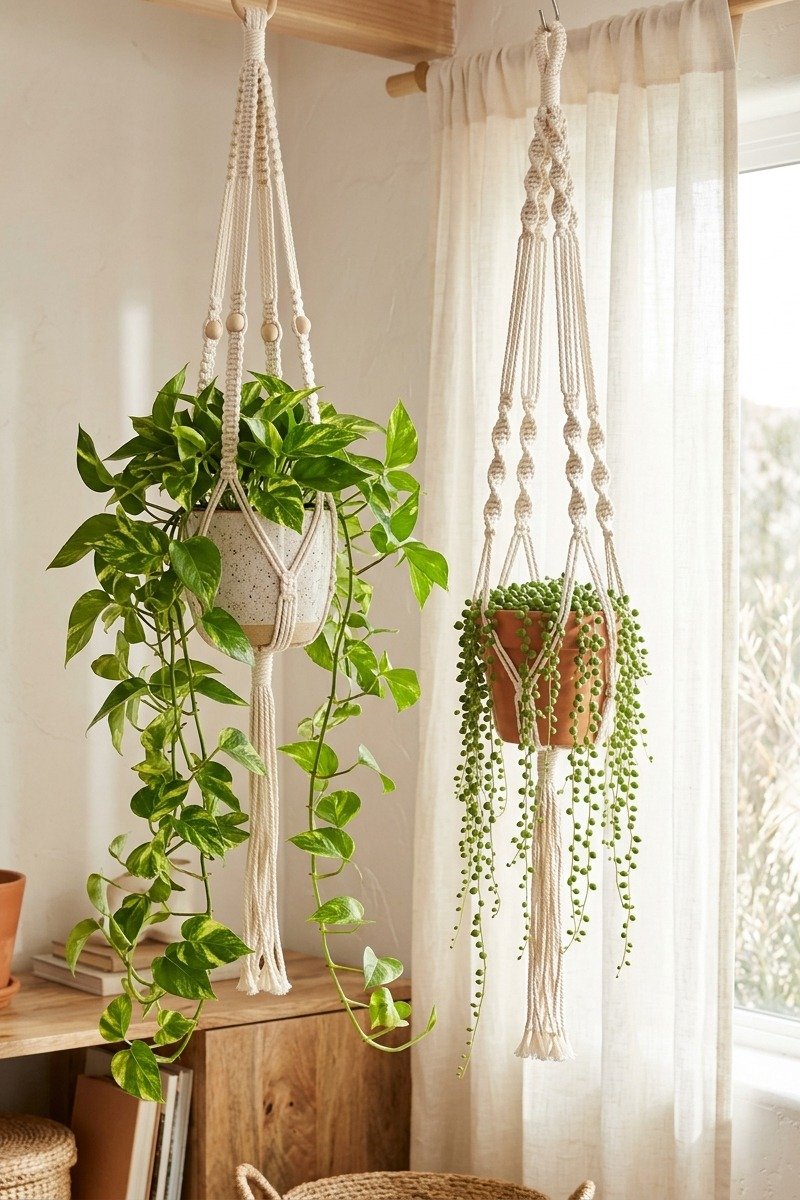 Macrame plant hangers with trailing plants