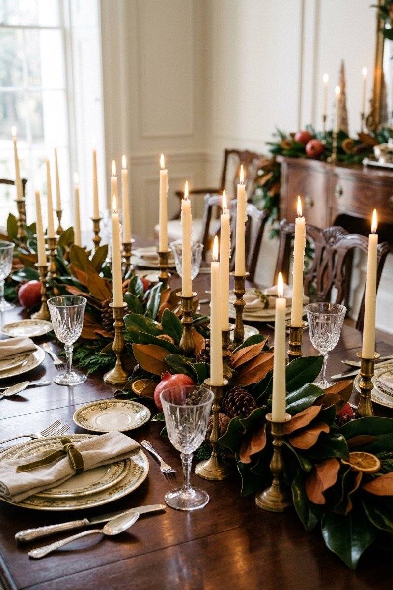 Magnolia leaf garland with brass candlesticks