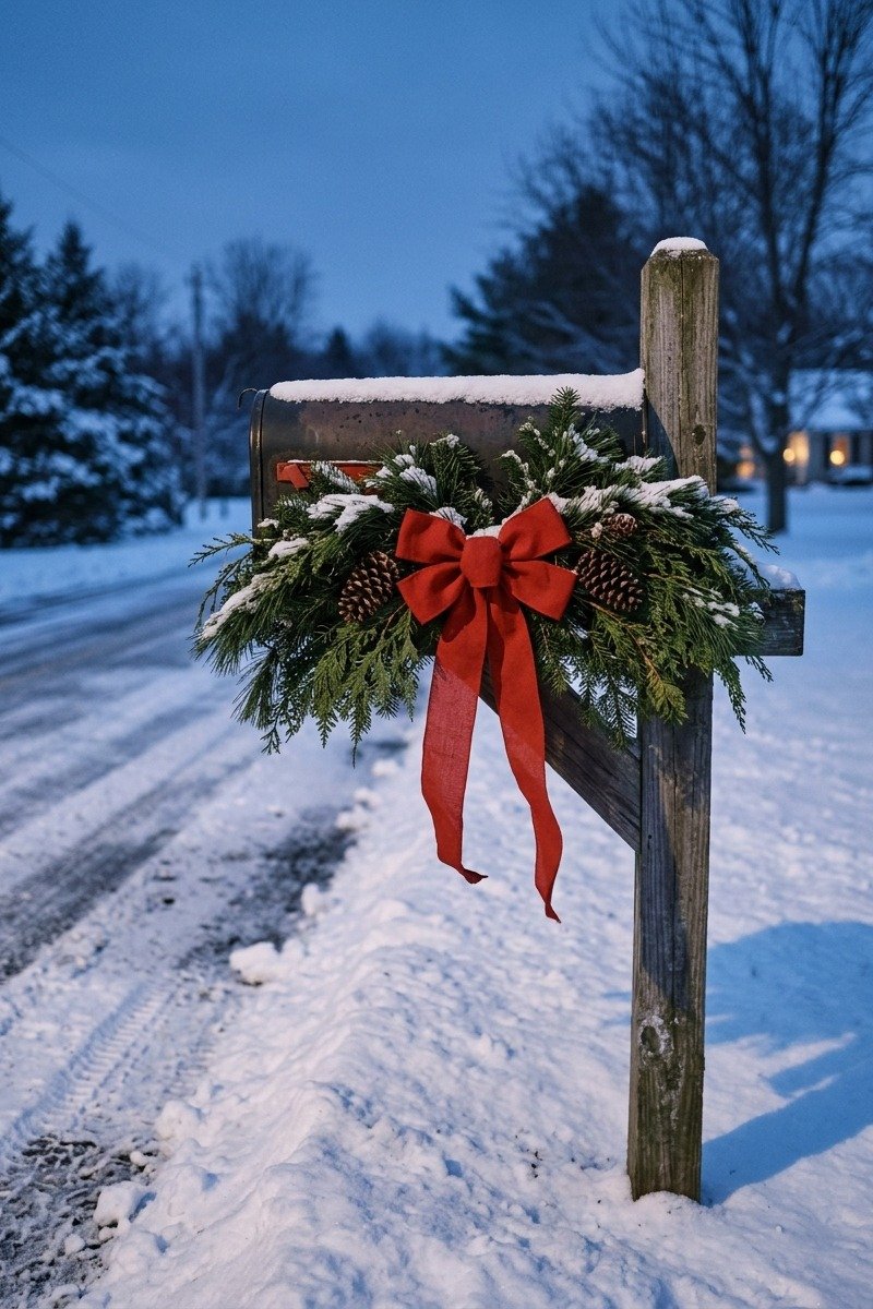 Mailbox decorated with Christmas greenery