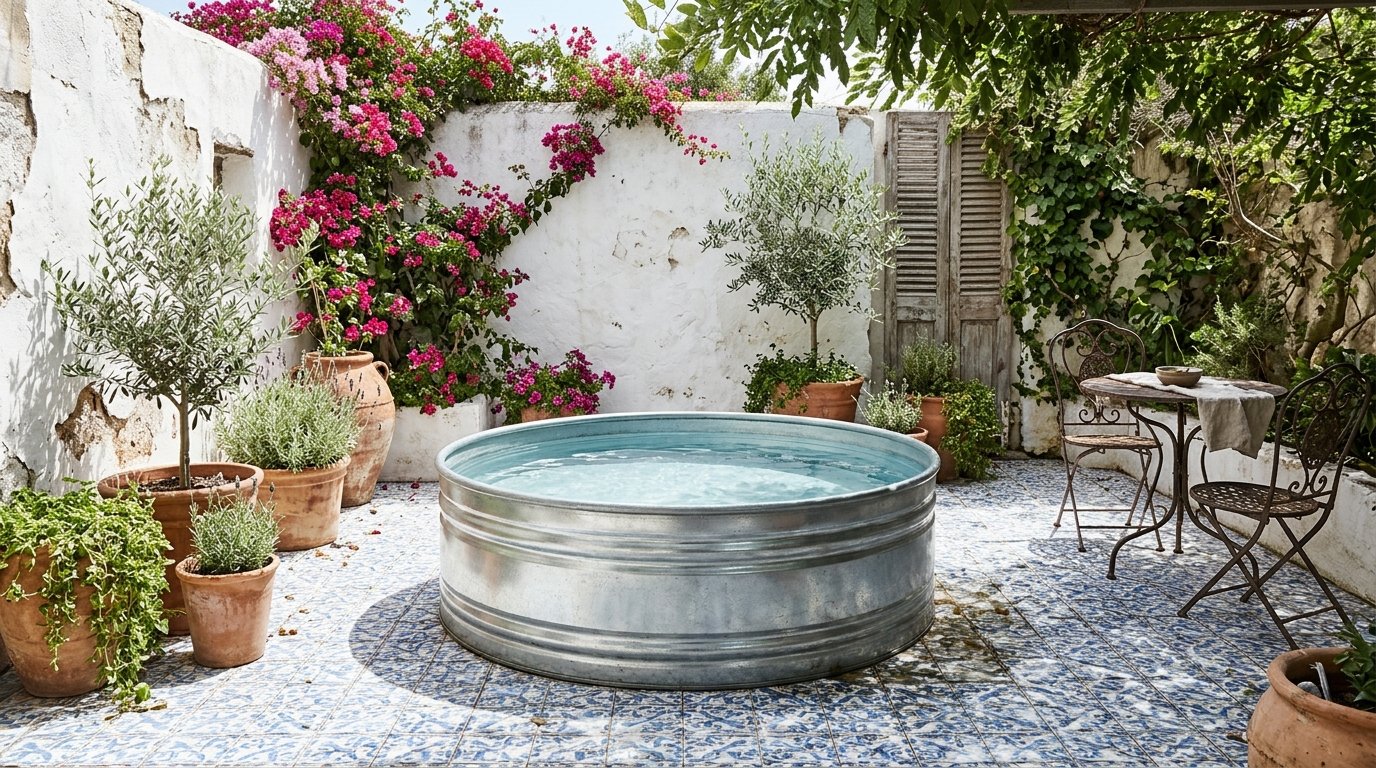 Mediterranean-style stock tank pool with blue patterned tiles and olive trees