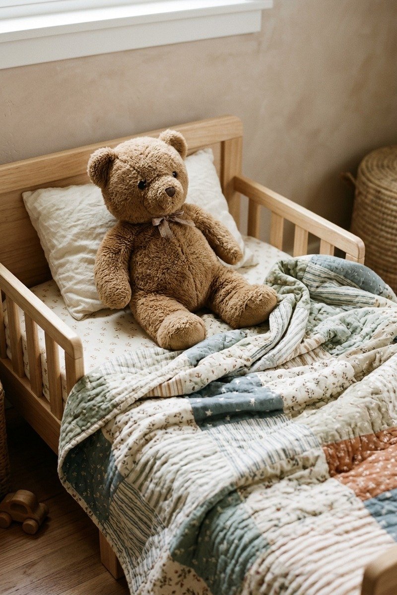 Medium sized teddy bear on a toddler bed