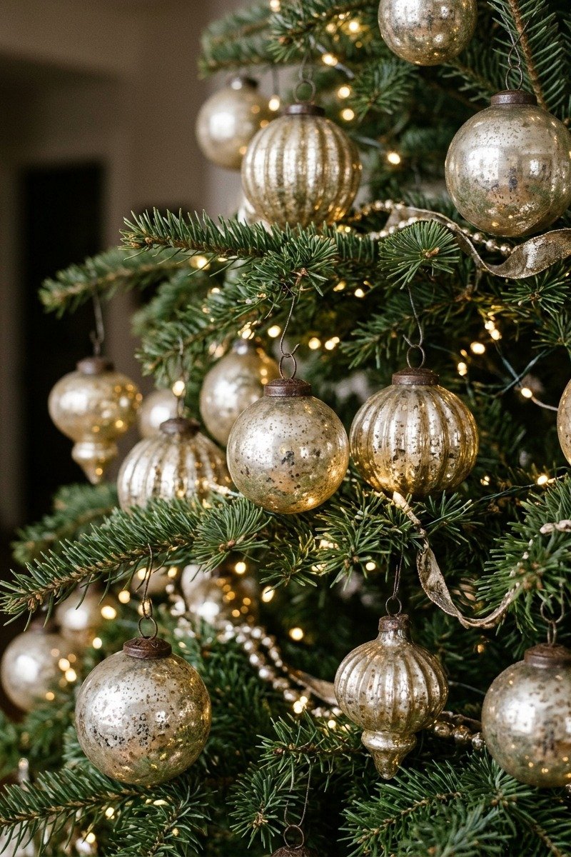 Vintage mercury glass ornaments on a tree