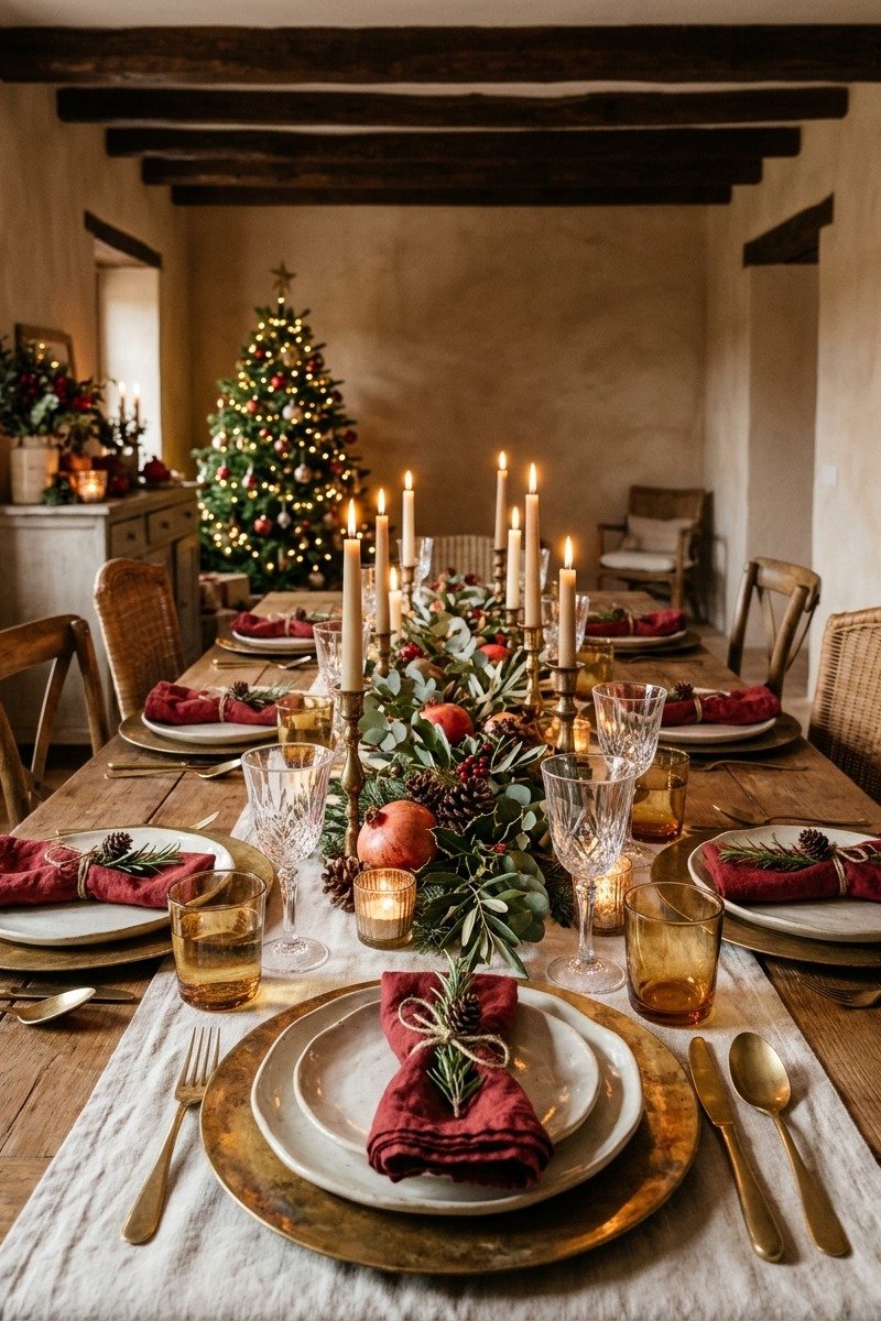 Mesa de Navidad en rojo y dorado