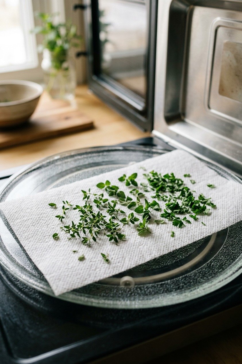 Herbs on paper towel for microwave drying
