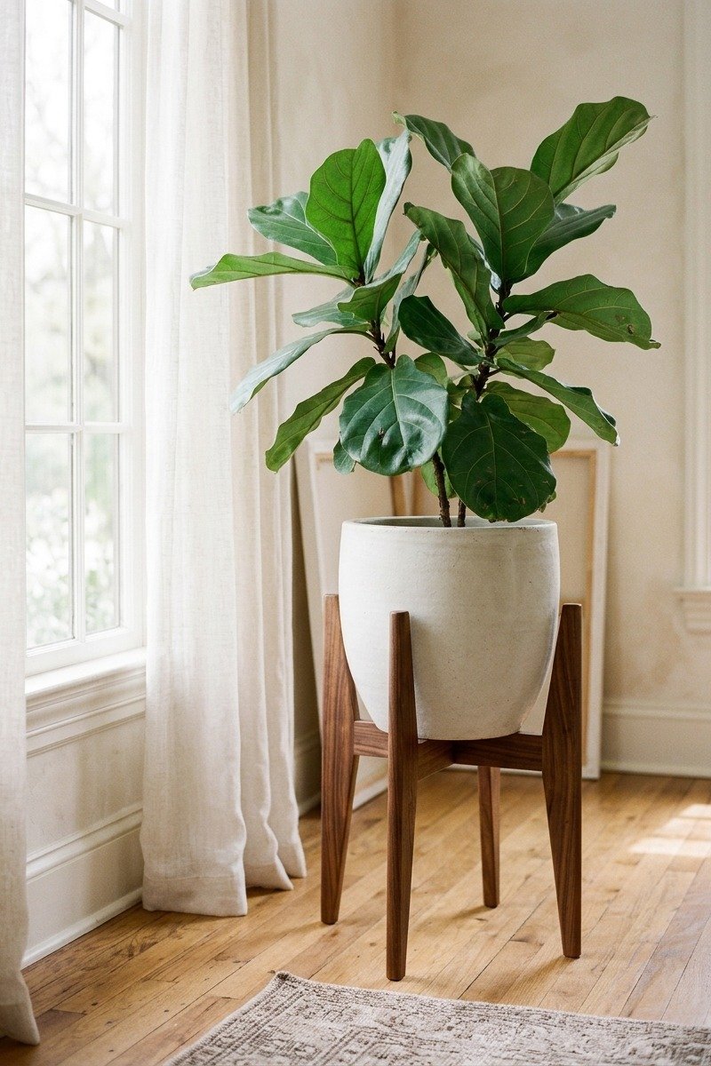 Mid-century wood plant stand with a plant