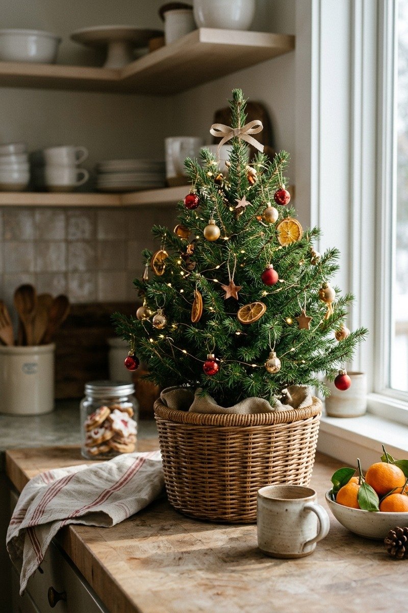 Small tabletop Christmas tree on a kitchen counter