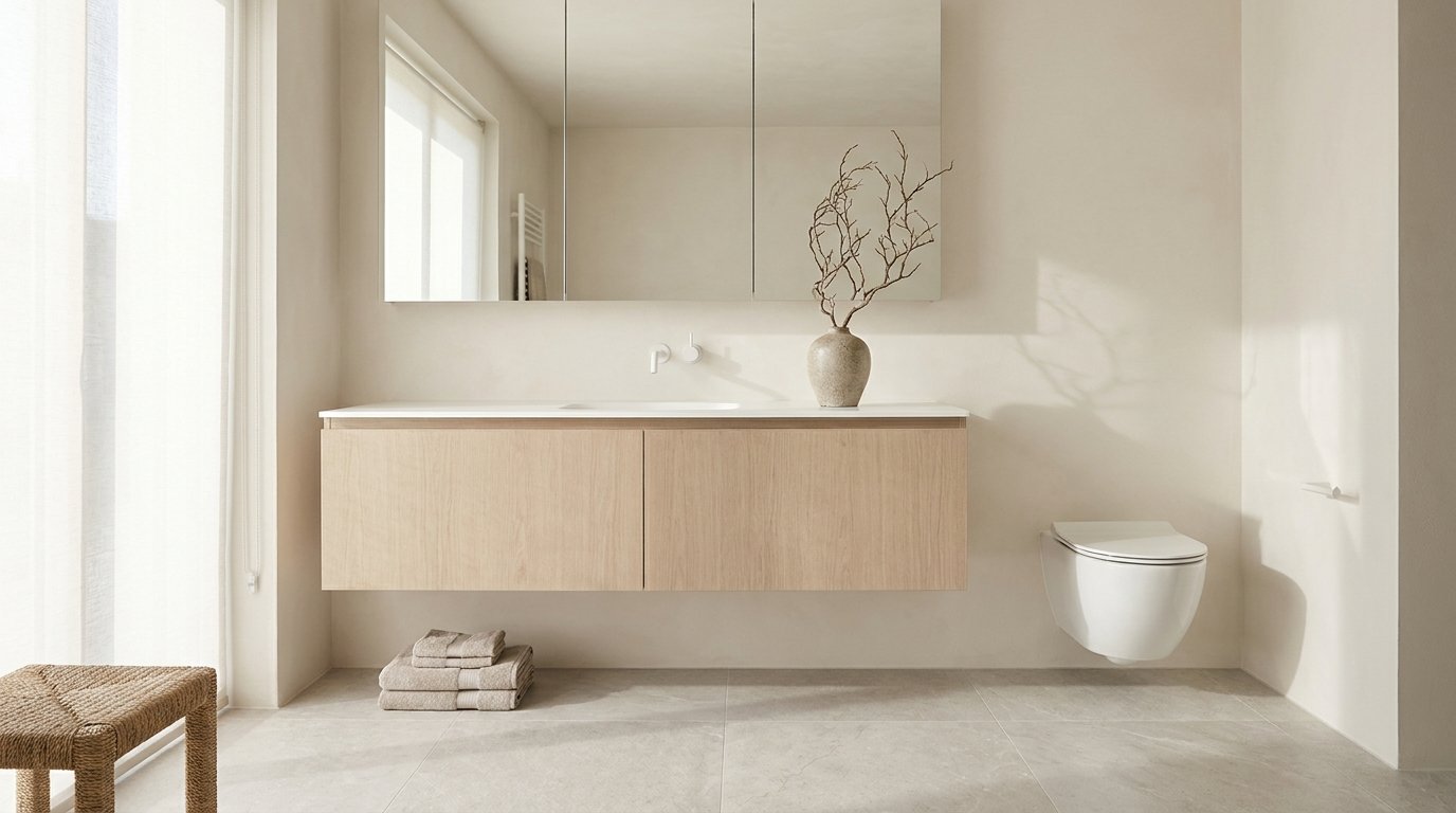 Minimalist luxury bathroom with floating oak vanity, wall-mounted toilet and white walls