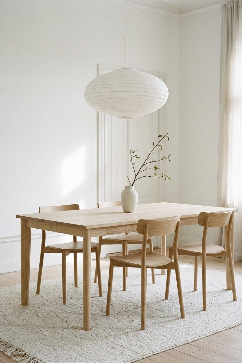 Minimalist Scandinavian dining room with light wood