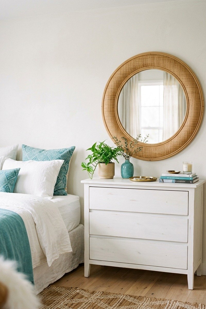 Large round rattan mirror in a turquoise and white bedroom