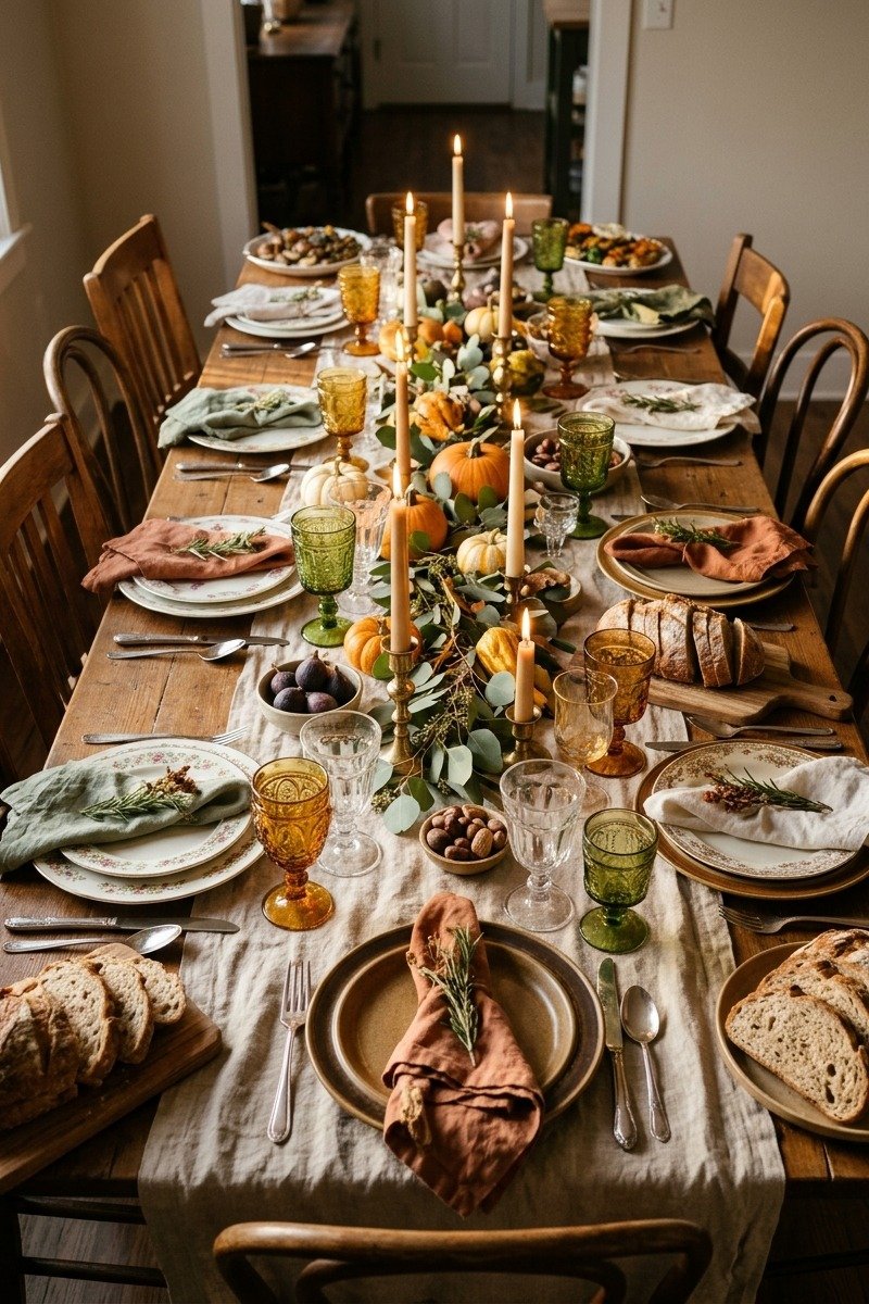 Mismatched vintage plates on a Friendsgiving table