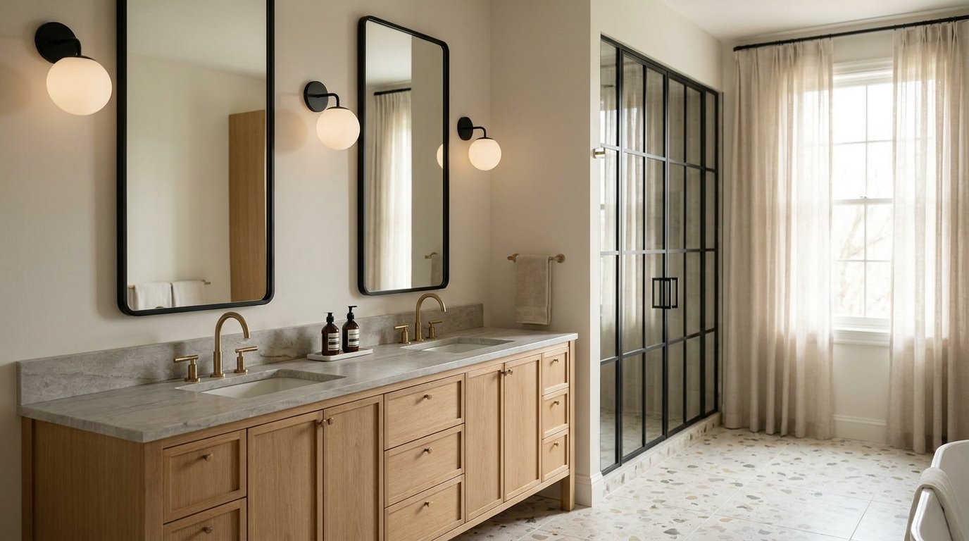 Luxury bathroom mixing brushed brass taps with matte black mirror frames and lighting