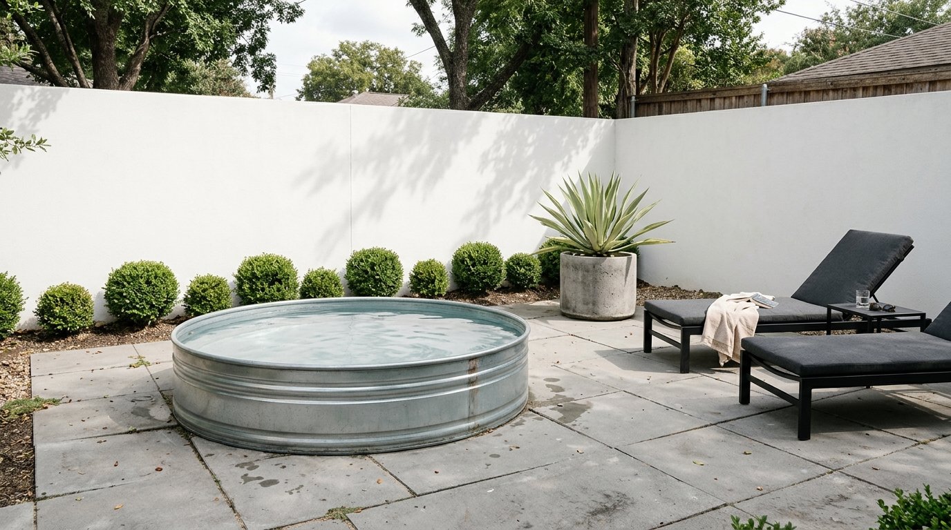 Modern minimalist stock tank pool with concrete pavers and architectural plants