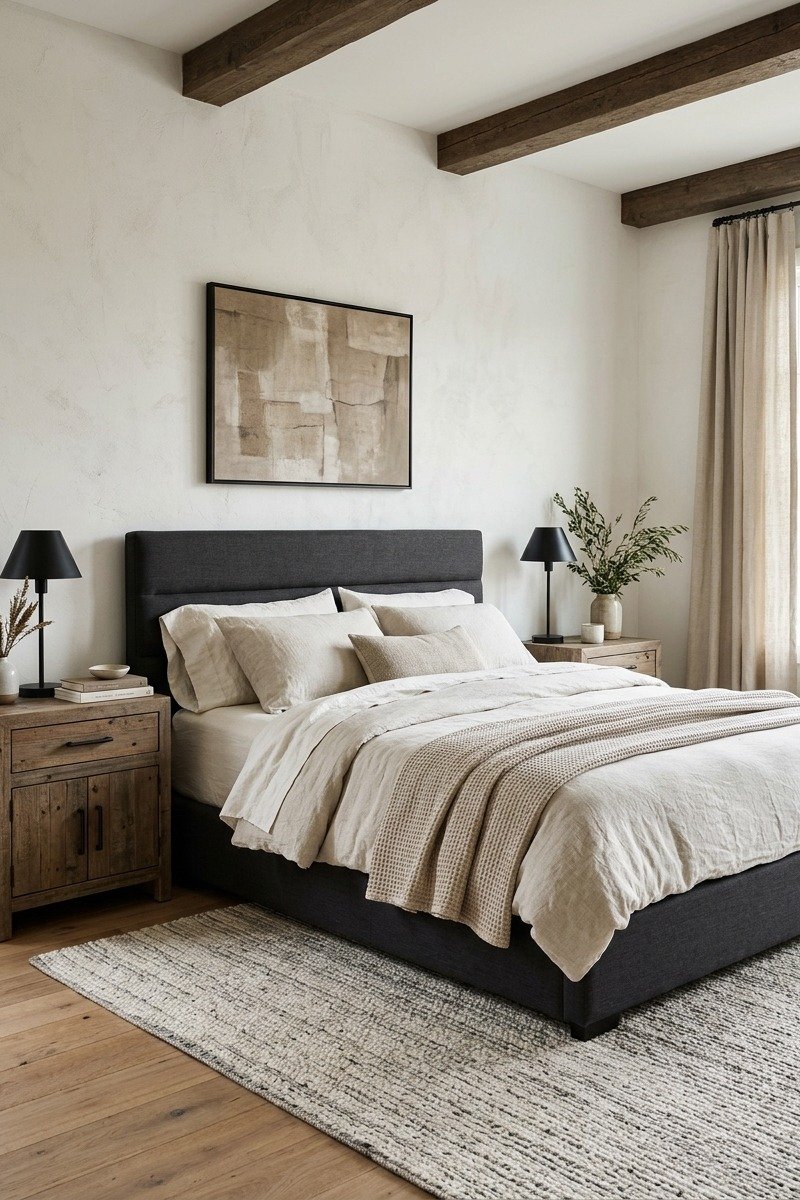 Bedroom blending modern and rustic styles