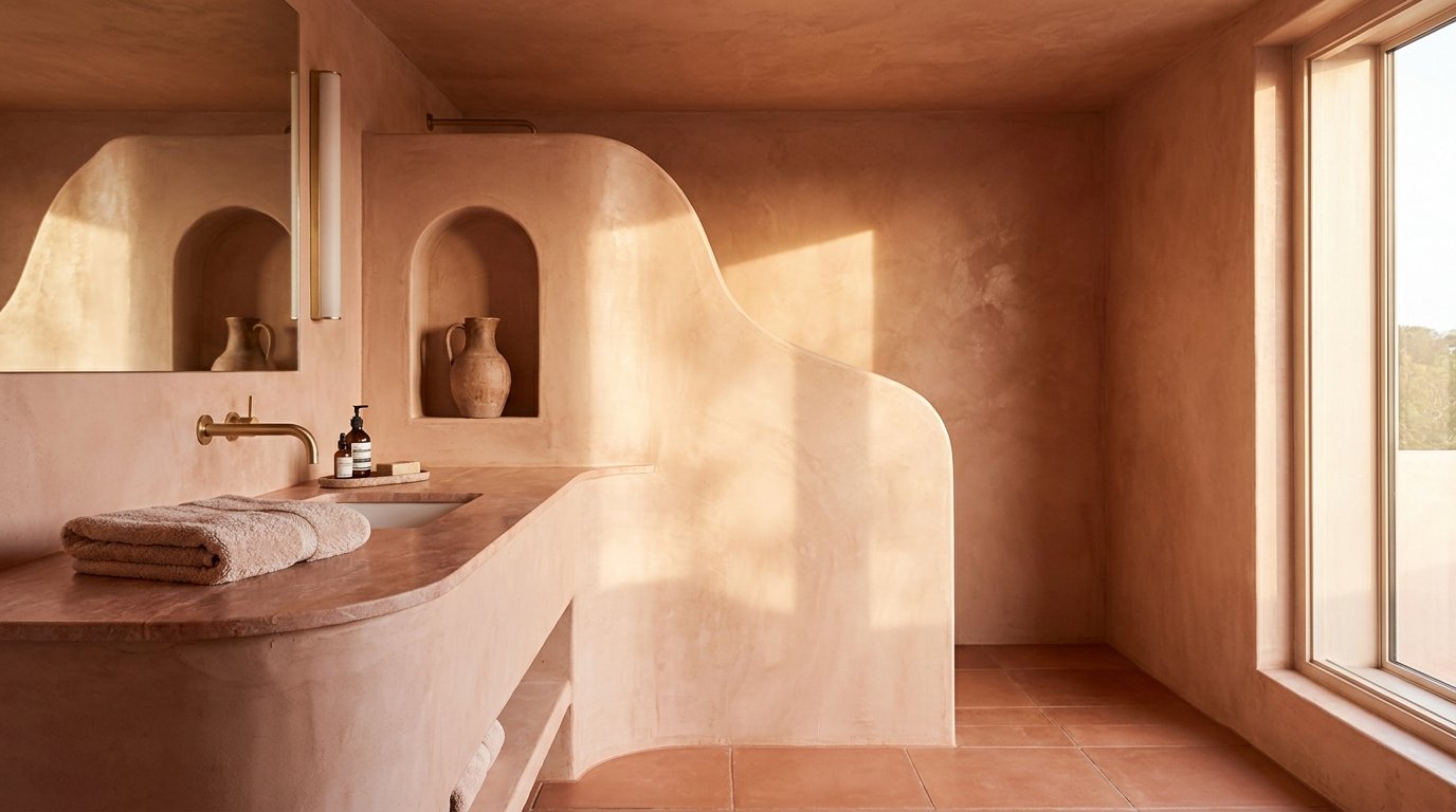 Colour-drenched terracotta bathroom with plaster walls, matching tile and arched niche