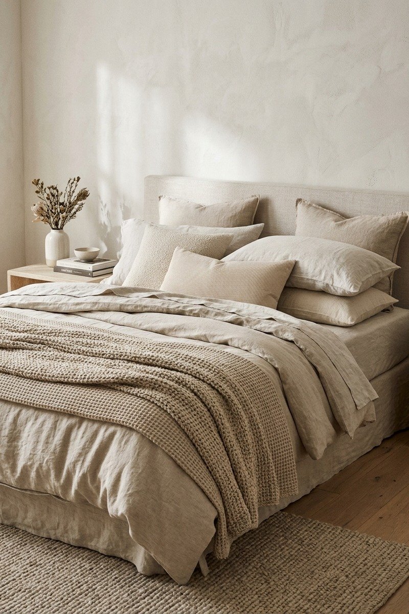 Monochrome beige layered bedding