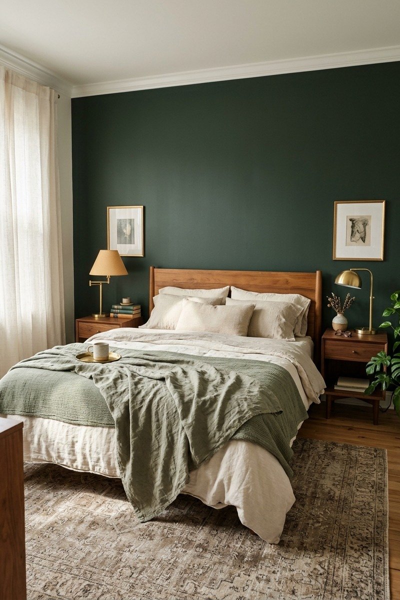 Dark green accent wall behind bed