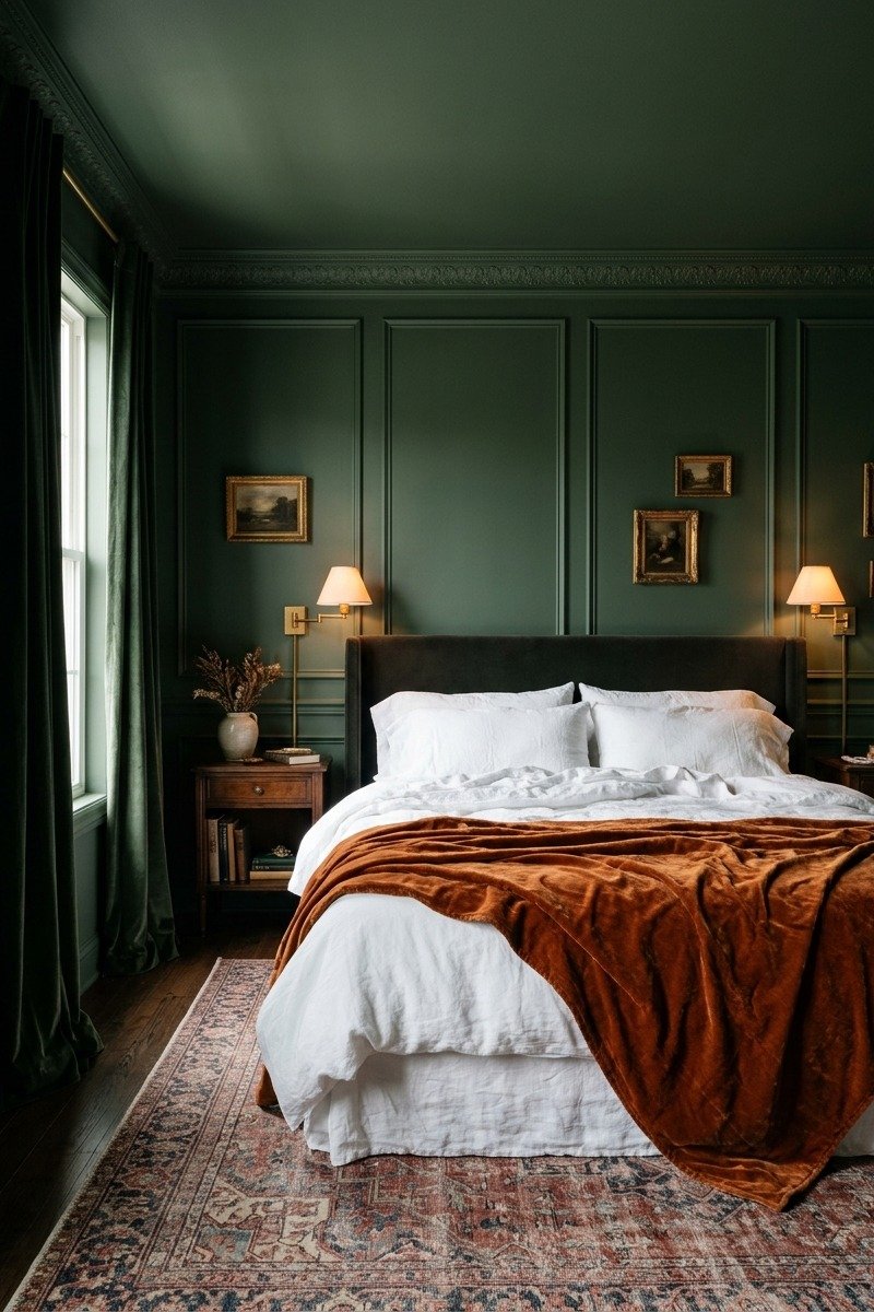 Moody color-drenched dark green luxury master bedroom