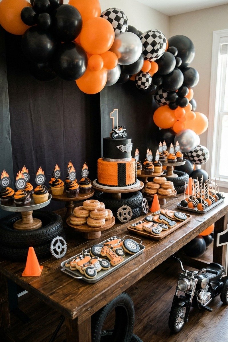 Motorcycle themed first birthday party table