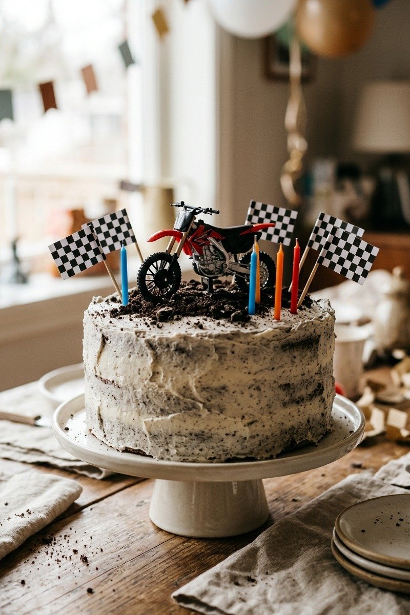 Birthday cake with motorcycle topper