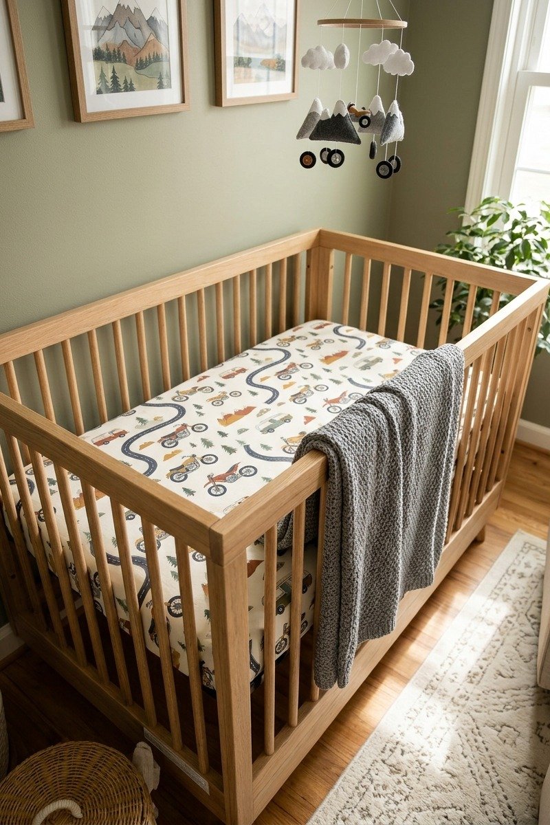 Crib with motorcycle themed bedding