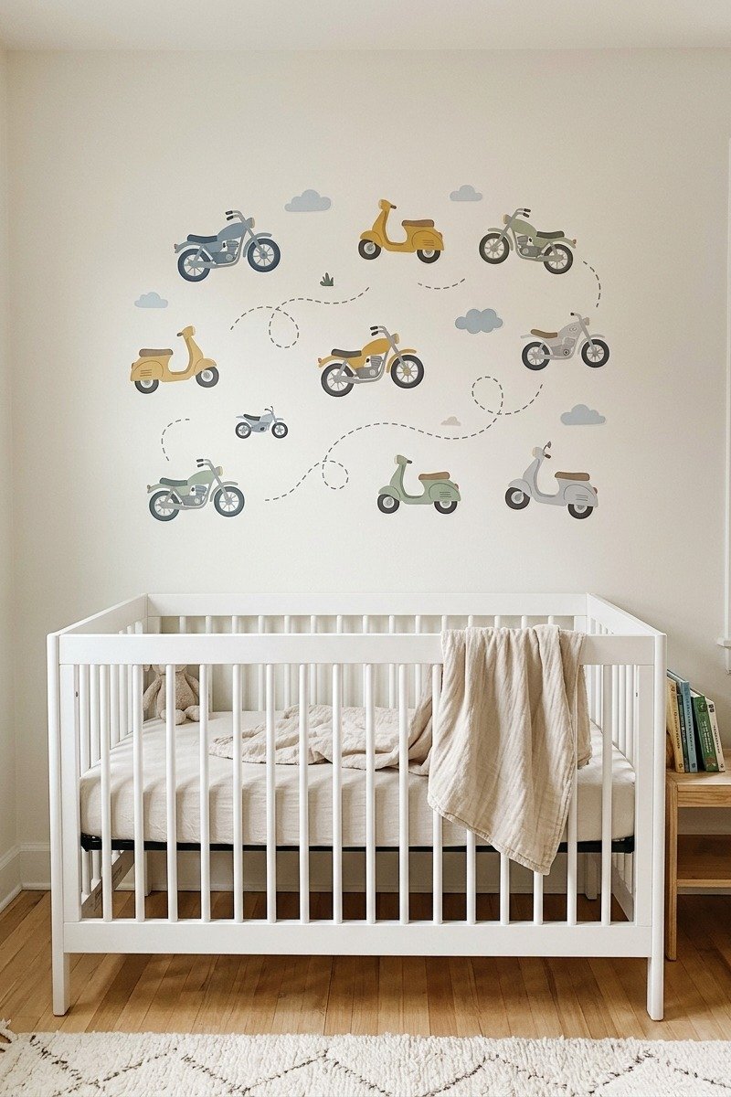 Motorcycle wall decals in a nursery