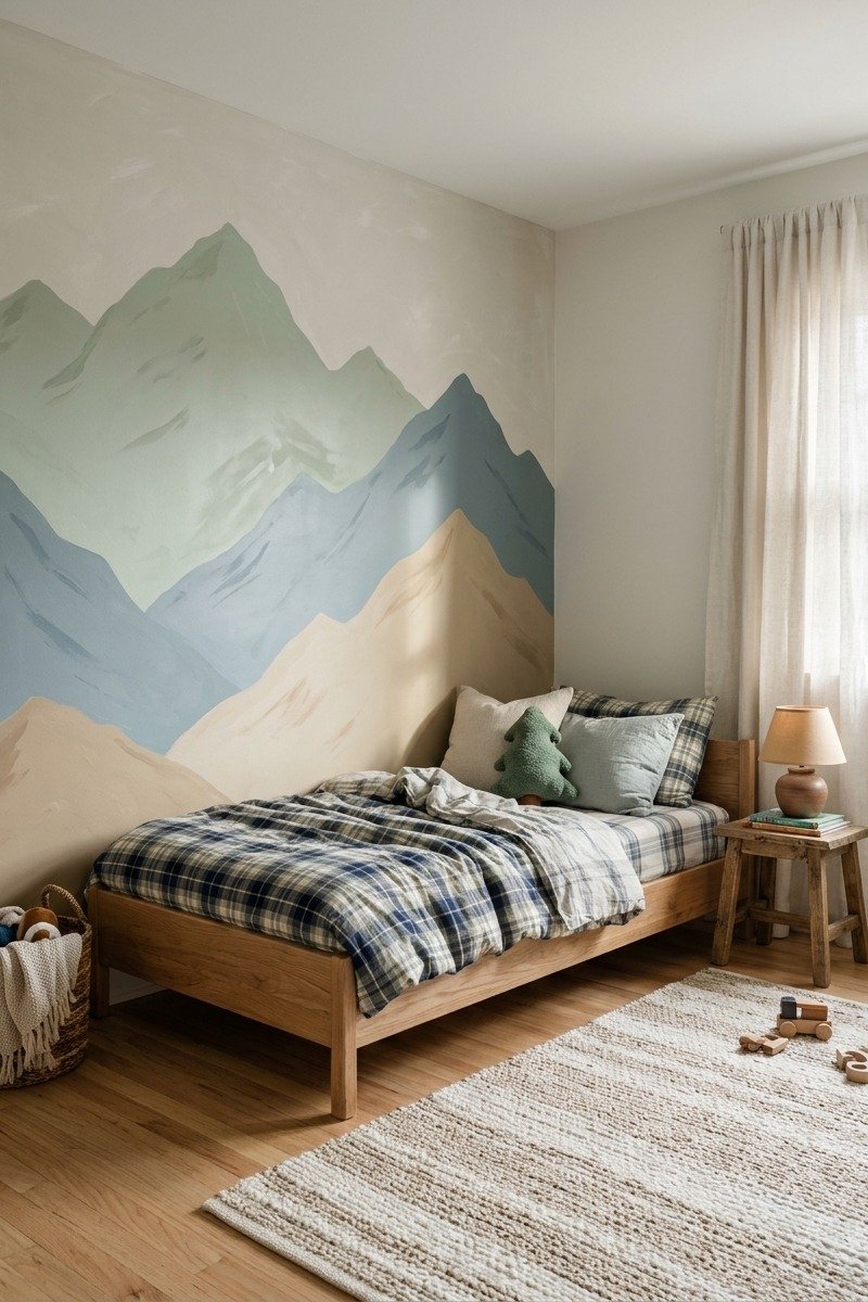 Little boys bedroom with a painted mountain mural wall