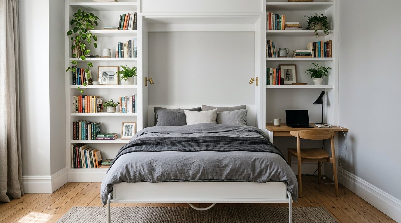 Murphy wall bed folded down with built-in shelves in a small room