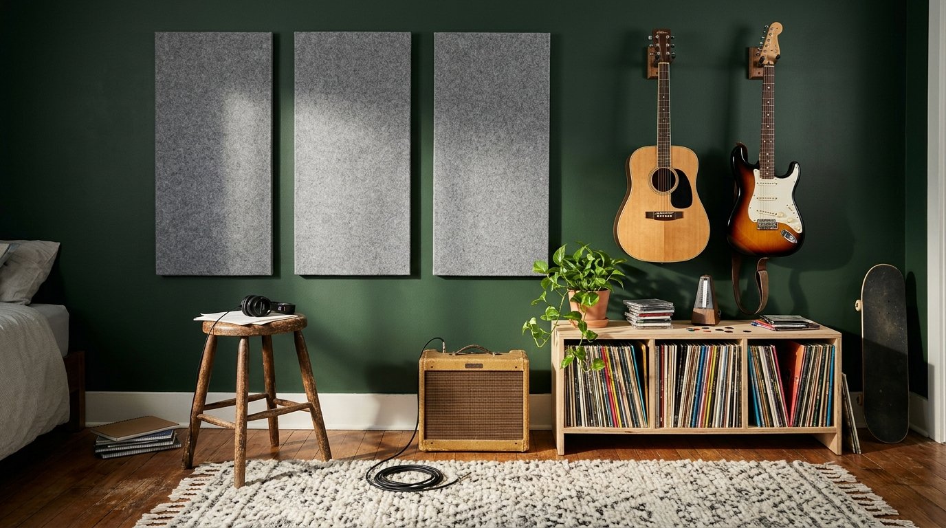 Music corner with wall-mounted guitars, amp and stool in a teen boys bedroom