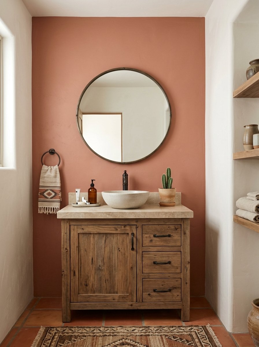 Terracotta accent wall behind a bathroom vanity