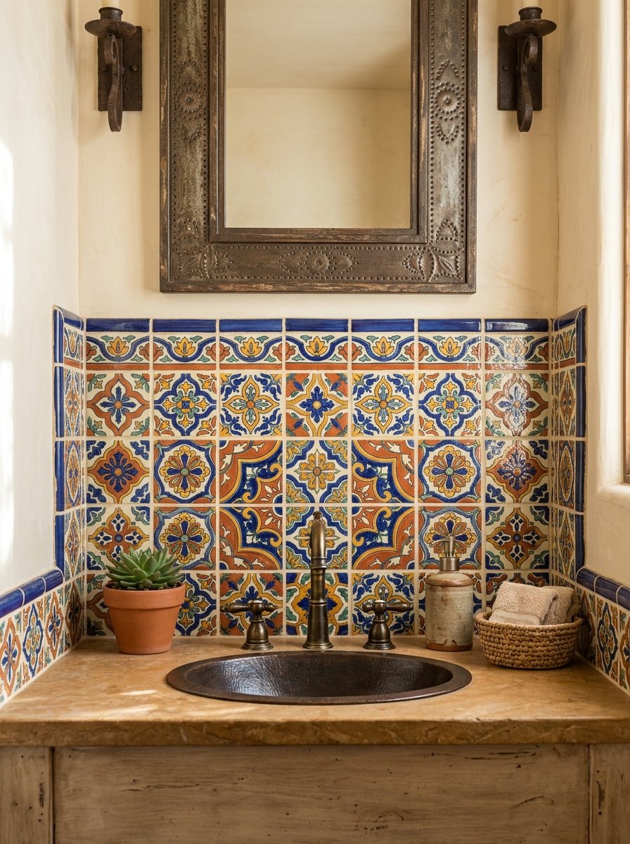 Talavera tile backsplash behind a sink