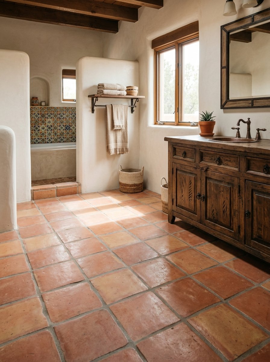Terracotta Saltillo floor tile in a bathroom