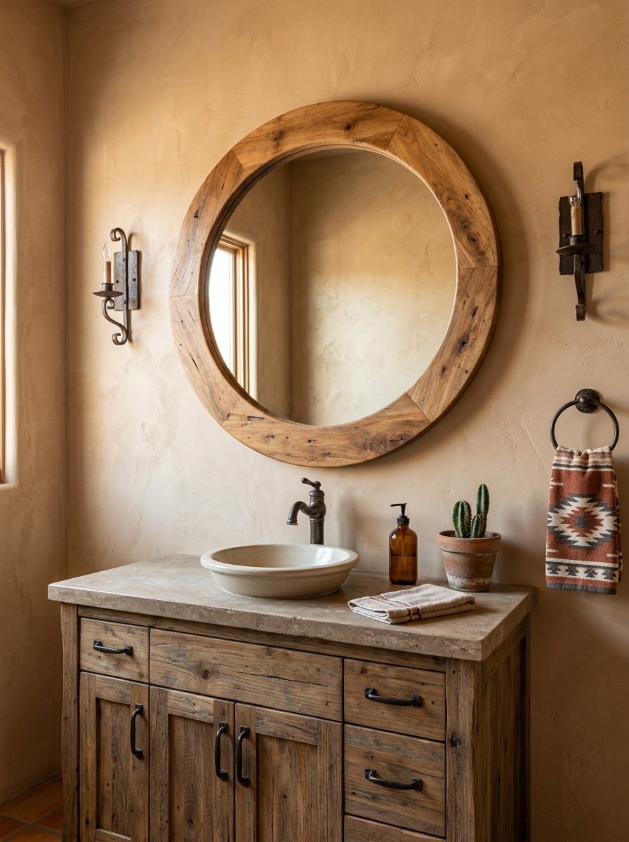 Round wood mirror above a vanity