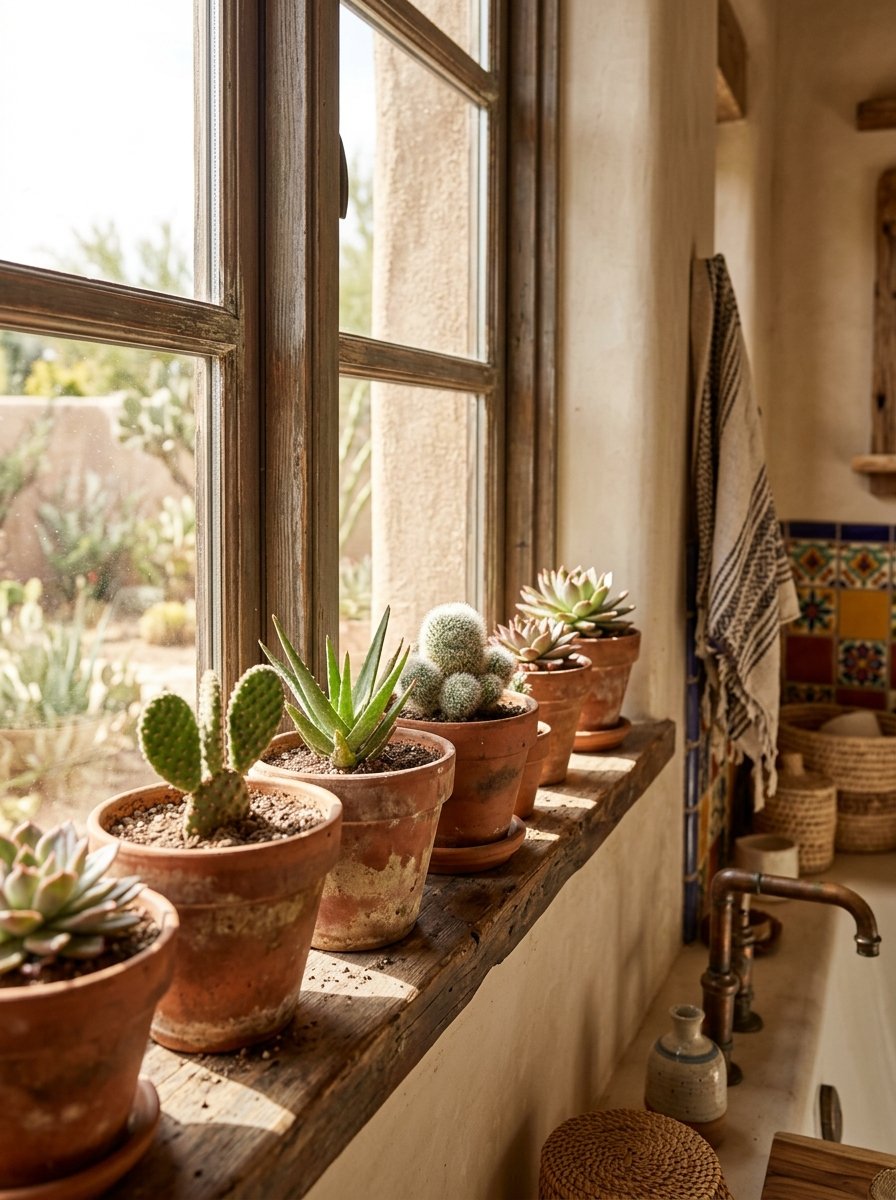 Cacti and succulents on a bathroom windowsill