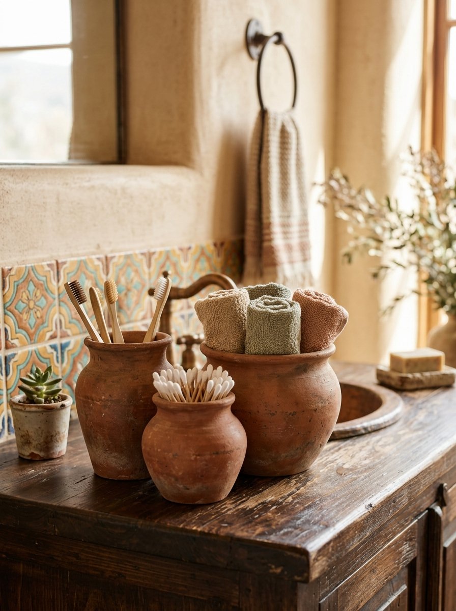 Terracotta pots holding bathroom essentials