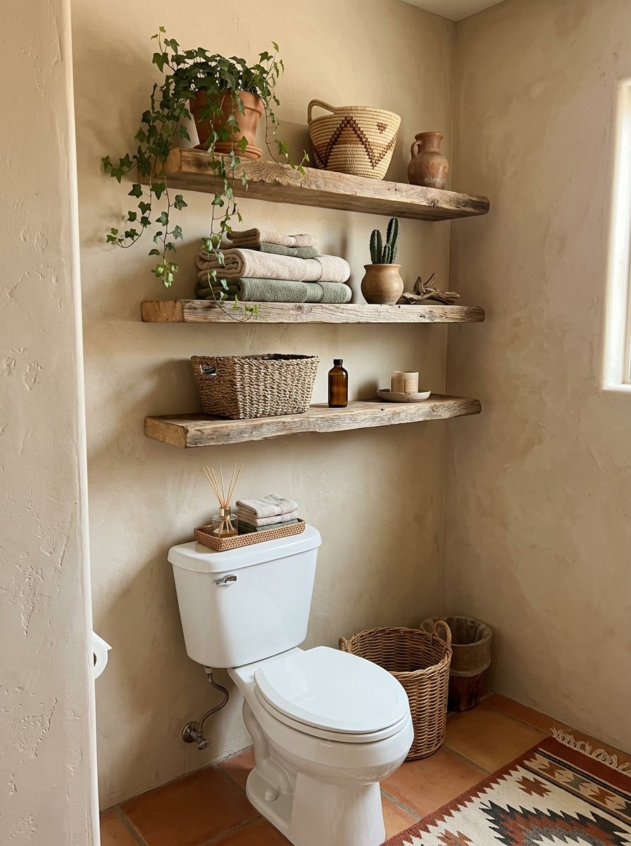 Rustic wood floating shelves above a toilet