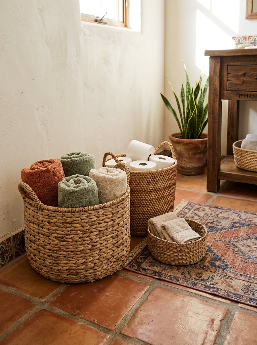 Woven seagrass baskets in a bathroom