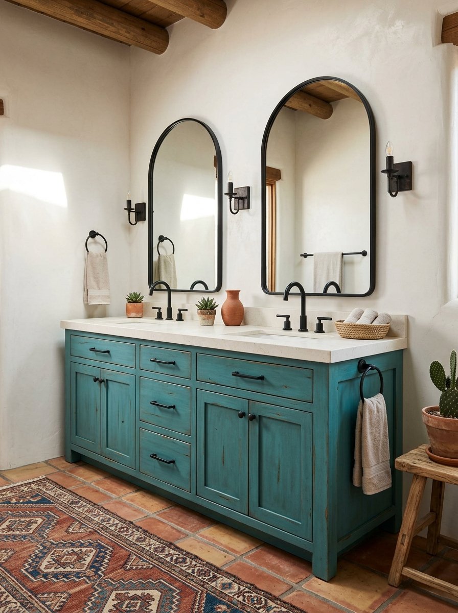 Turquoise painted bathroom vanity